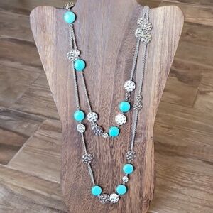 Daisy Fuentes Long Double Strand Faux Turquoise Hammered Silver Tone Necklace
